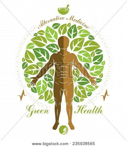 Vector Graphic Illustration Of Strong Male Composed With Green Tree Leaves And Mortar And Pestle. Ra