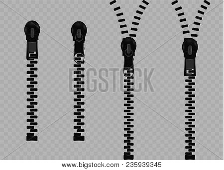 Beautiful Vector Closed And Open Zip Detail, Buckle. Fastens With A Zipper.metal Accessories On Clot