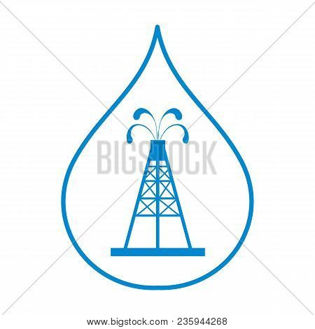 Stylized Icon Of The Silhouette Oil Rig With Fountains Spurting Up Oil With Oil In The Fuel Drop On 