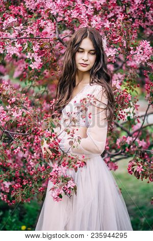Beautiful Cute Brunette Girl With Long Hair, Bride In Lace Transparent Boudoir Gown, Decoration, Nea