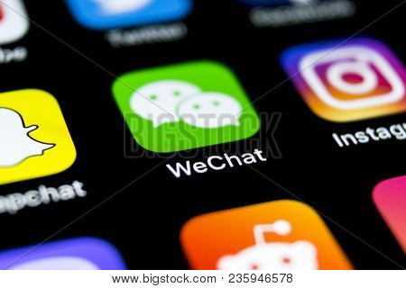 Sankt-petersburg, Russia, April 12, 2018: Wechat Messenger Application Icon On Apple Iphone X Smartp