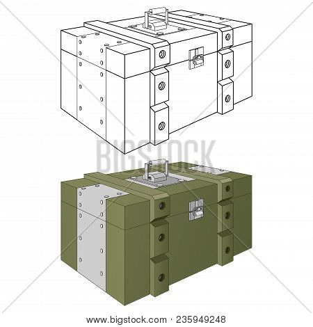 Army Ammunition Box. Green Military Box And Outline Drawing. Vector Illustration Isolated On White B