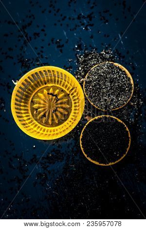 Close Up Of Kalonji Or Roman Coriander With Water And Honey On Wooden Surface Beneficial For Diabete