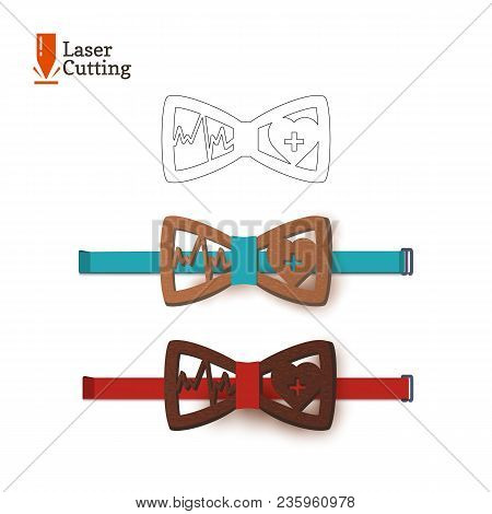 Laser Cut Bow-tie Template. Vector Silhouette For Cutting A Bow Tie With Cardiogram And Heart On A L