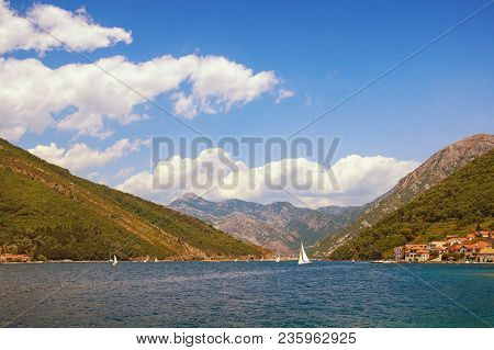 Summer Mediterranean Landscape With Sailboats On Water. Montenegro, Bay Of Kotor