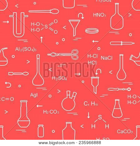 Pattern With Chemical, Biological, Scientific, Education And Research Elements: Flasks, Formulas, Be