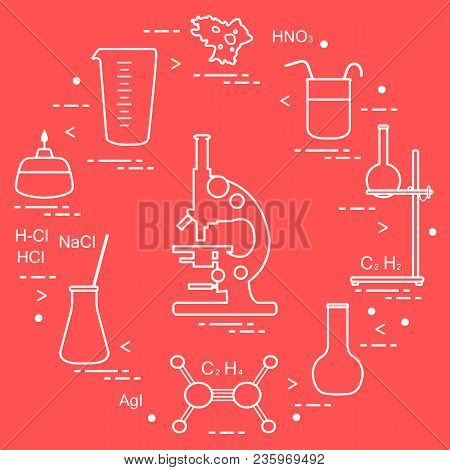 Chemistry Scientific, Education Elements: Microscope, Flasks, Tripod, Formulas, Beaker, Burner, Amoe