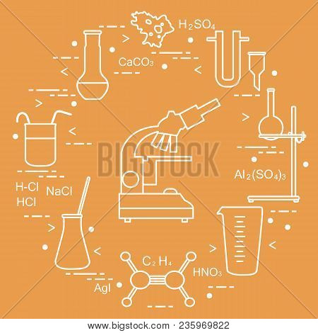 Chemistry Scientific, Education Elements: Microscope, Flasks, Tripod, Formulas, Beaker, Amoeba, Meas
