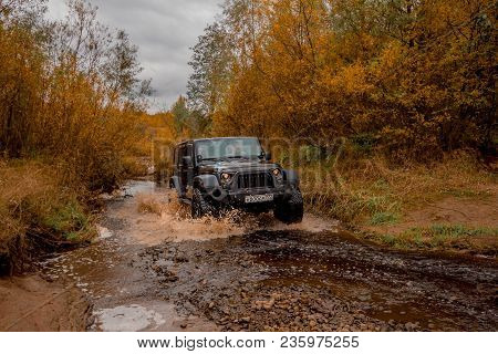 The Canyon Of The River Tosna. Leningrad Region. Russia. Oct 10, 2017: A  Wrangler Rides On The Bed 