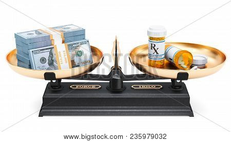 Balance Concept, Medications And Dollar Packs. 3d Rendering Isolated On White Background