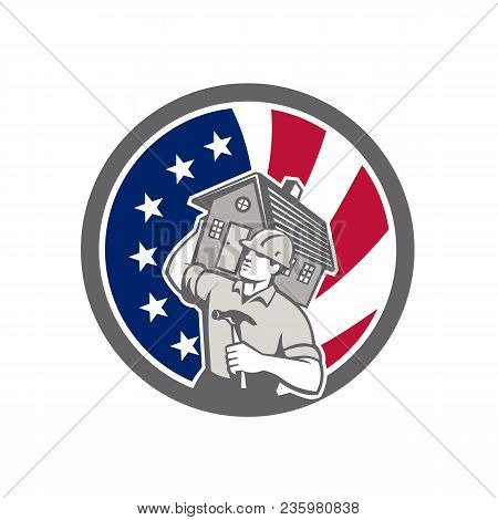 Icon Retro Style Illustration Of An American Building Contractor, Builder, Or Carpenter Carrying Hou