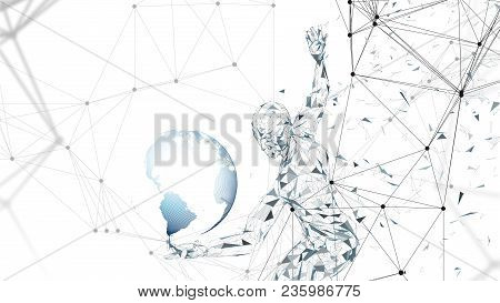 Conceptual Abstract Man With World Globe. Connected Lines, Dots, Triangles, Particles On White Backg