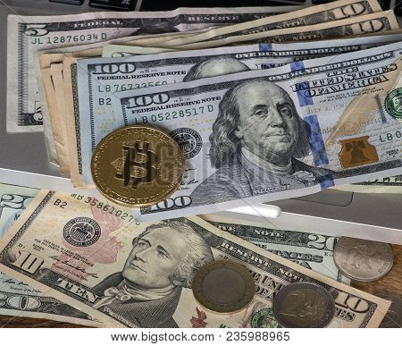 Golden Bitcoin On A Dollar Bills, Concept,сrypto Currency