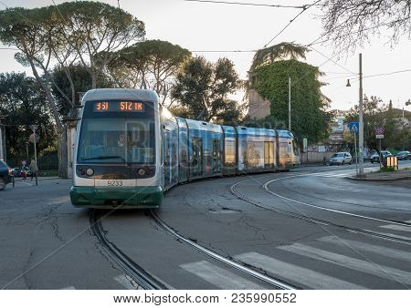 Rome, Italy - March 17, 2018: Modern Tram Near The Biopark In The City Of Rome