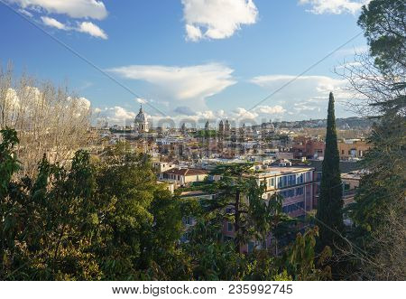 Skyline Of City Of Rome, Italy From The Pincio Gardens Terrace