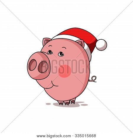 Cute Cartoon Pig In Santas Hat. Symbol Of Next Year. Character For Winter Holidays Design.