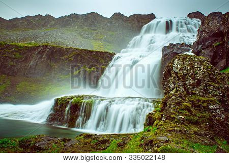 Scenery Of Mountains With Dynjandi, Fjallfoss, Waterfall, Iceland. Long Exposure. Icelandic Summer L