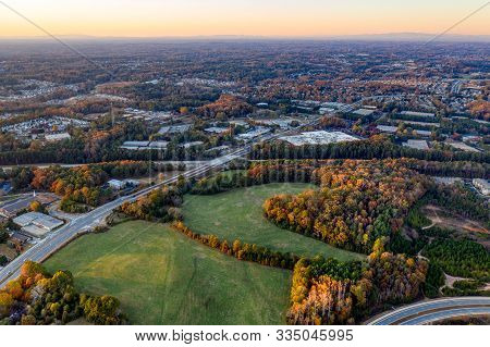 Aerial View Available Empty Lot In Suburban Community In Southern United States During The Fall