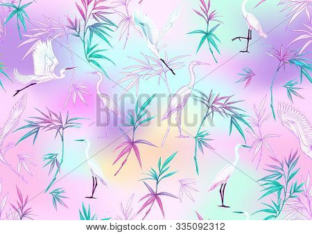 Tropical Plants And Flowers And Birds. Seamless Pattern, Background. Colored And Outline Design. Vec