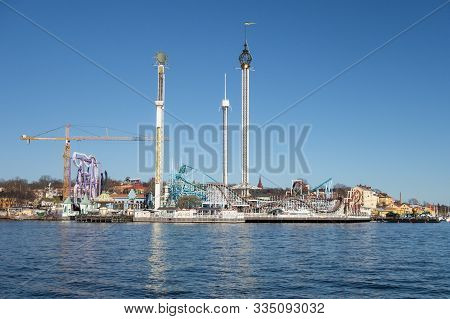 Stockholm, Sweden - April 18, 2019: The Famous Grona Lund Amusenent Park On Djurgarden, Stockolm Bei