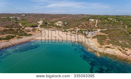Aerial. View From The Sky Of The Beach Of Ingrina Villa To Bishpo. Portugal Algarve