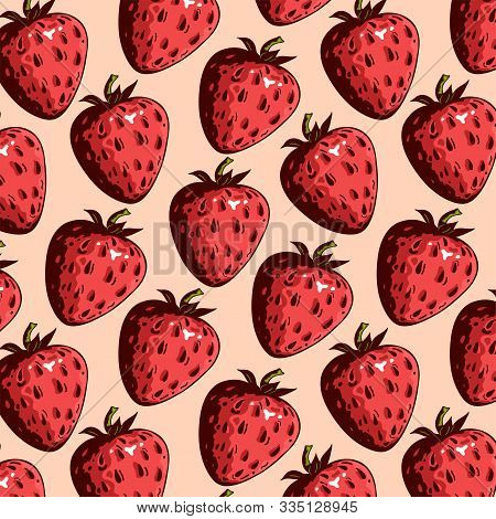 Fruits Pattern With Red Fresh Strawberries On Pink Background. Great Element For Food Design.
