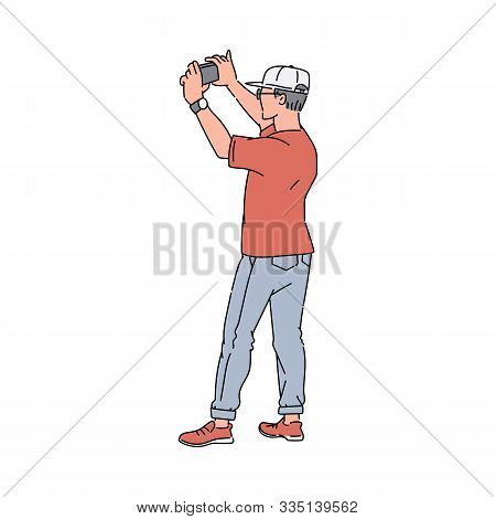 Hand Drawn Man Taking A Photo On His Phone Seen From Back View