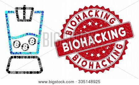 Mosaic Bitcoin Blender And Rubber Stamp Seal With Biohacking Phrase. Mosaic Vector Is Created With B