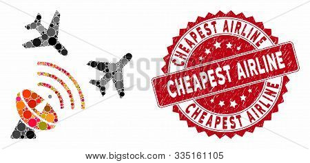 Mosaic Flight Radar And Grunge Stamp Watermark With Cheapest Airline Text. Mosaic Vector Is Composed