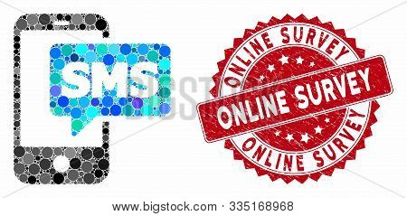 Collage Phone Sms And Distressed Stamp Seal With Online Survey Caption. Mosaic Vector Is Designed Wi