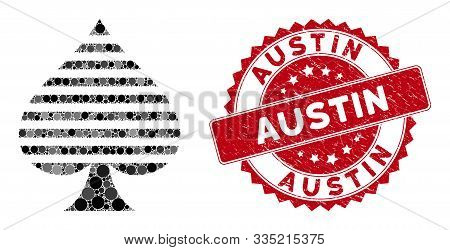 Mosaic Peaks Suit And Rubber Stamp Seal With Austin Phrase. Mosaic Vector Is Created From Peaks Suit