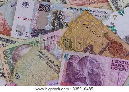 Multicurrency Background Of Us Dollars, Russian Rubles, Belarusian Rubles, Egyptian Pounds And Ukrai