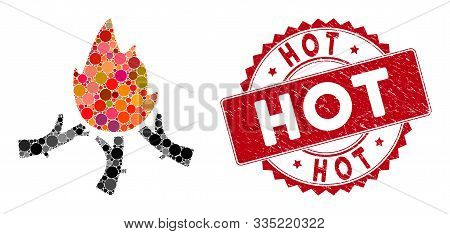 Collage Wood Campfire And Corroded Stamp Seal With Hot Caption. Mosaic Vector Is Formed With Wood Ca