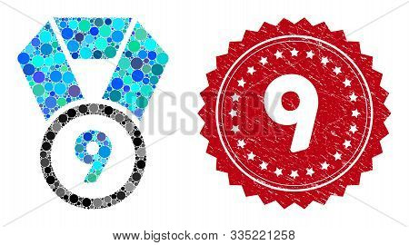 Mosaic 9th Place Medal And Grunge Stamp Watermark With 9 Caption. Mosaic Vector Is Composed With 9th