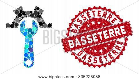 Mosaic Service Tools And Distressed Stamp Seal With Basseterre Phrase. Mosaic Vector Is Created With