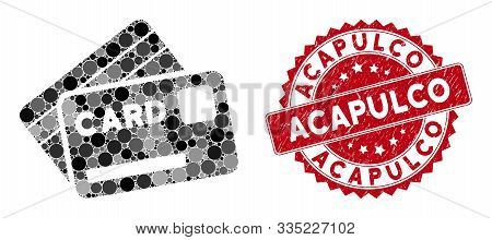 Mosaic Credit Cards And Corroded Stamp Seal With Acapulco Text. Mosaic Vector Is Created With Credit