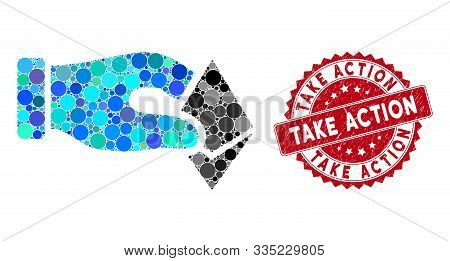Mosaic Hand Take Ethereum And Grunge Stamp Watermark With Take Action Text. Mosaic Vector Is Created