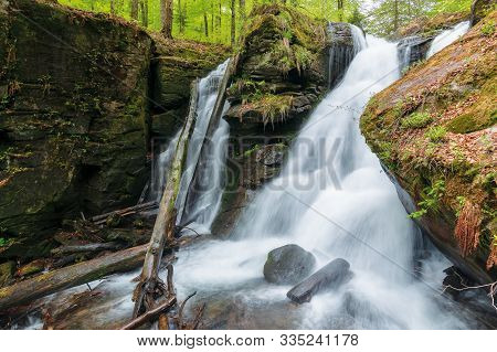 Waterfall Voievodyn Of Ukrainian Carpathians. Powerful Water Stream Of Smooth Polonyna. Fallen Beech