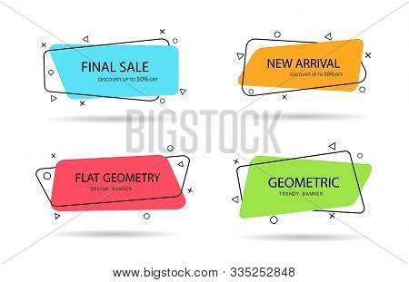 Set Of Trendy Banner With Flat Shape. Design Label With Geometric Shape For Discount Sale. Vivid Bac