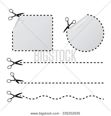 Cut With Scissors In A Dashed Line. Cutout Border With Curl Corner For Paper Sticker, Tag, Banner. C