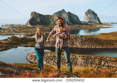 Happy Family Couple Traveling With Baby Hiking Outdoor Healthy Lifestyle Active Vacations Mother And