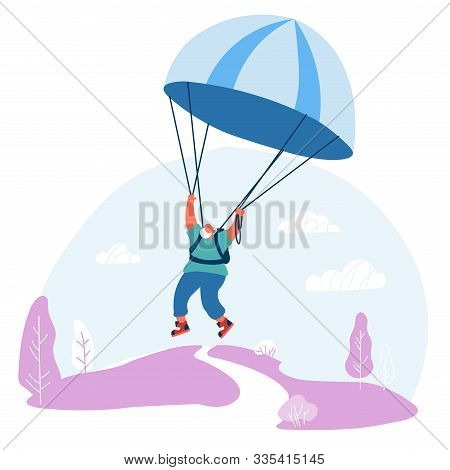 Senior Man Active Sport Lifestyle. Joyful Aged Pensioner Jumping With Parachute Flying In Sky. Extre