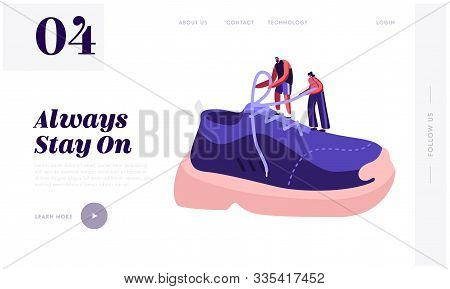 Shoes For Training Fashion Website Landing Page. Tiny Sportsman And Sportswoman Tie Shoelaces On Hug