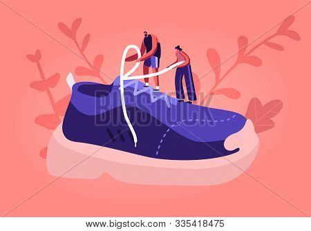 Sportswear And Shoes For Training Fashion Concept. Tiny Sportsman And Sportswoman Characters Tie Sho