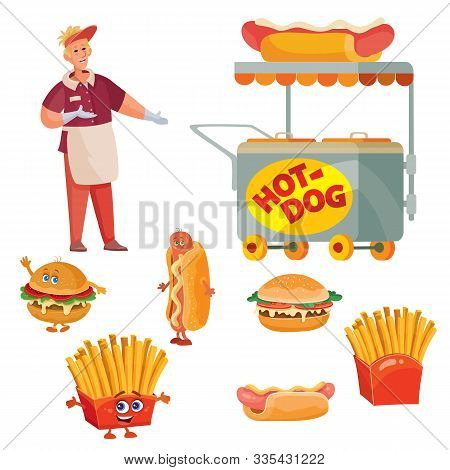 Set Of Seller Of Hot Dogs, Hamburger, Potato, Fast Food, Isolated Object On A White Background,