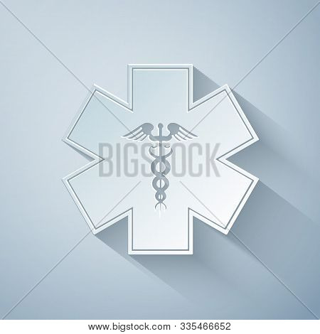 Paper Cut Emergency Star - Medical Symbol Caduceus Snake With Stick Icon Isolated On Grey Background