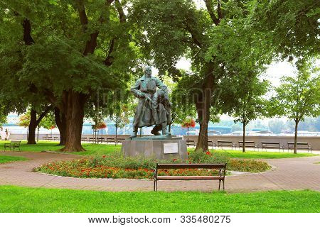 Bratislava, Slovakia - September 01, 2019: View Of Bronze Sculpture Of A Bulgarian Partisan Helping 