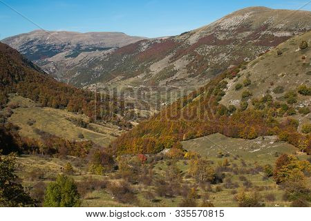 Autumn View Of Valley Near Passo Godi In Abruzzo