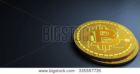 Two Gold Bitcoins Laying On Reflective Surface, 3d Rendering