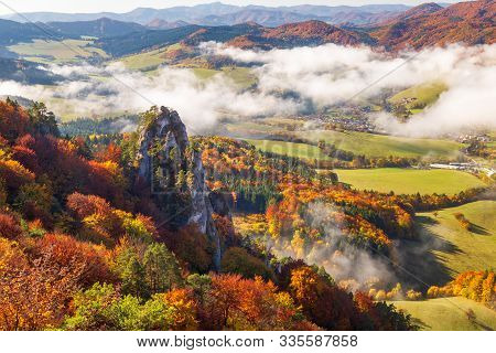 Brightly Colored Forests Of Mountain Valley In The Morning Mist At Autumn. Morning Inversion In The 